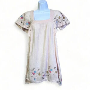 Anthropologie Womens Pink Embroidered Gauze Square Neck Tunic Dress‎ Sz XS Bees